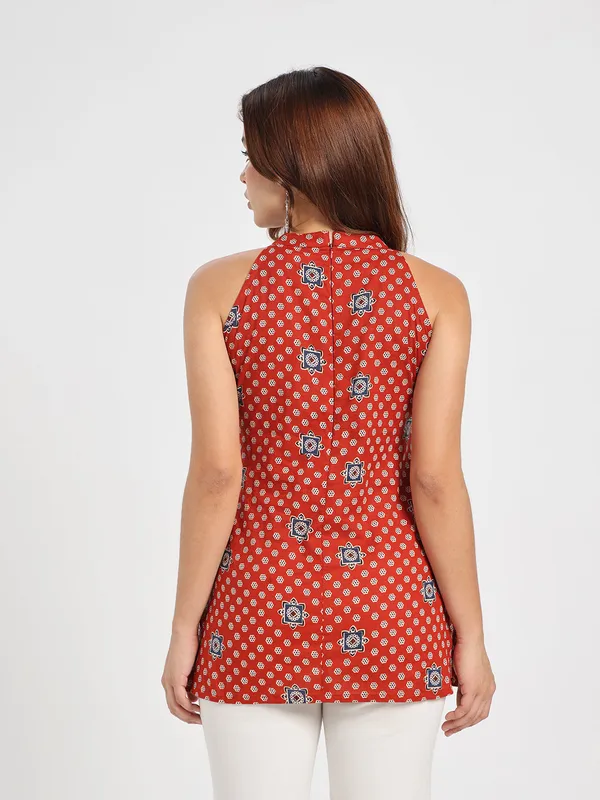Womens_Rust_Red_Printed_High_Neck_Sleeveless_Top