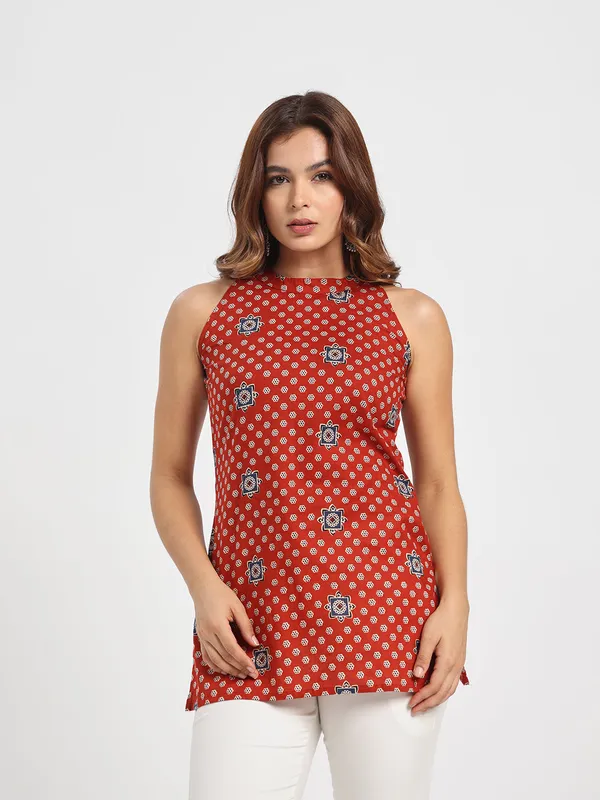 Womens_Rust_Red_Printed_High_Neck_Sleeveless_Top