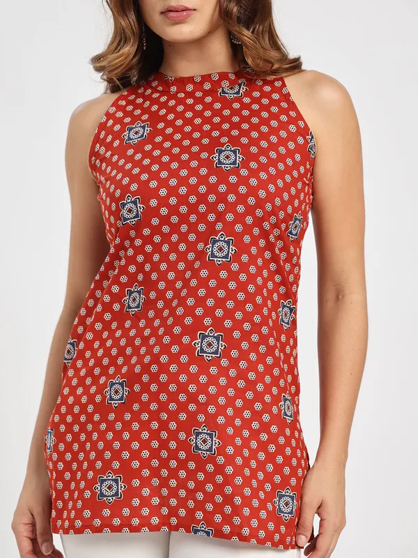 Womens_Rust_Red_Printed_High_Neck_Sleeveless_Top
