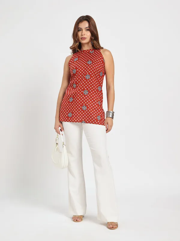 Womens_Rust_Red_Printed_High_Neck_Sleeveless_Top