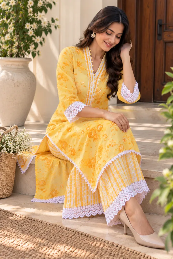 Yellow_Floral_Printed_Kurta_With_Palazzo_Set_Lace_Detail_Co_Ord_Set_For_Women