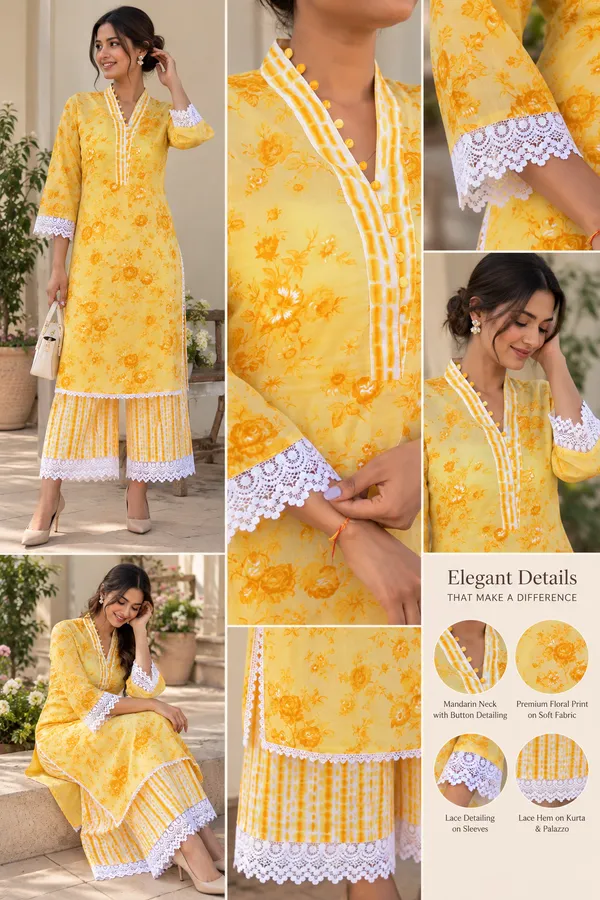 Yellow_Floral_Printed_Kurta_With_Palazzo_Set_Lace_Detail_Co_Ord_Set_For_Women