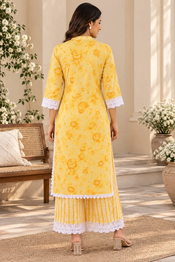 Yellow_Floral_Printed_Kurta_With_Palazzo_Set_Lace_Detail_Co_Ord_Set_For_Women