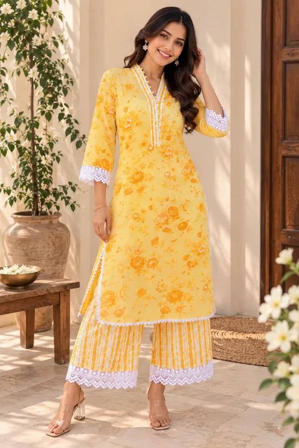 Yellow_Floral_Printed_Kurta_With_Palazzo_Set_Lace_Detail_Co_Ord_Set_For_Women