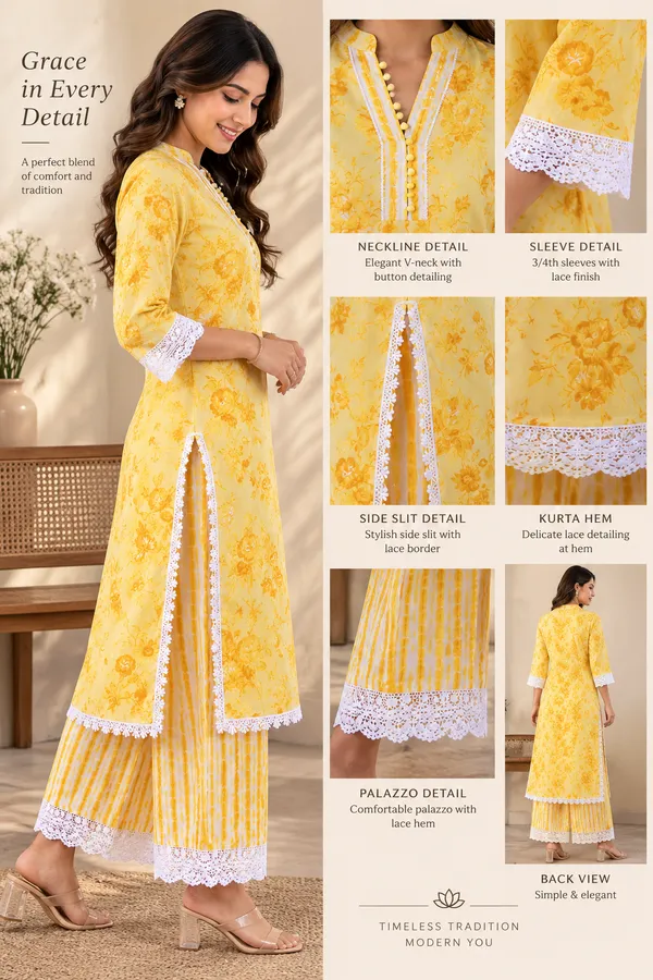 Yellow_Floral_Printed_Kurta_With_Palazzo_Set_Lace_Detail_Co_Ord_Set_For_Women