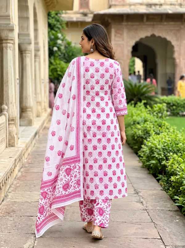 White_And_Pink_Floral_Print_Straight_Kurta_Set_For_Women