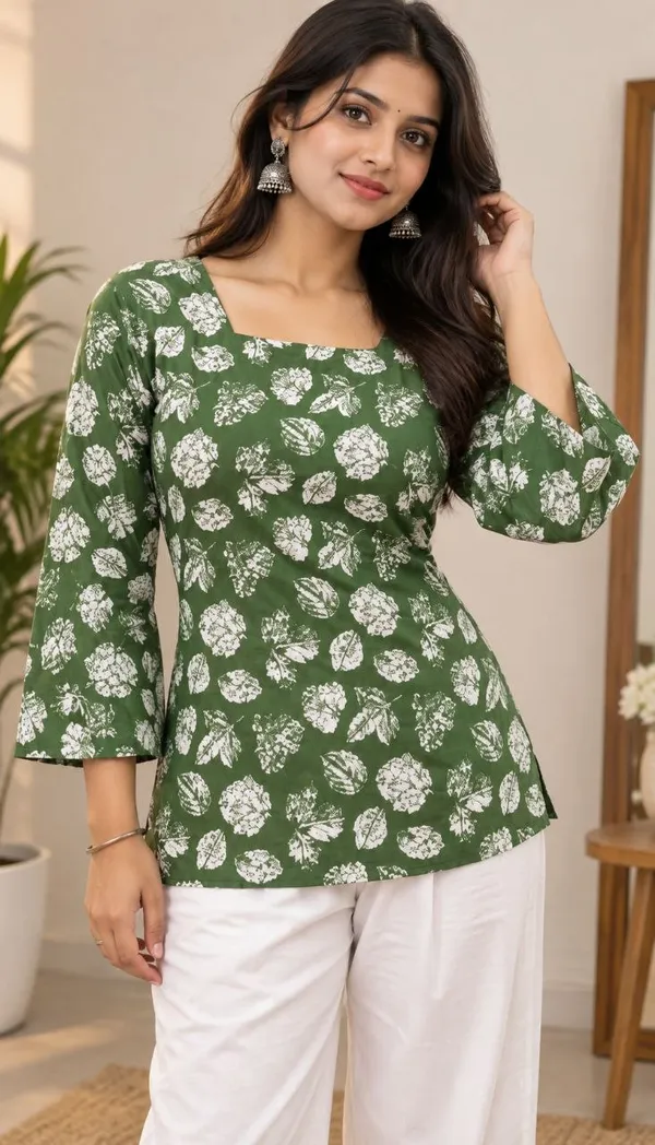 Green_Printed_Flared_Sleeve_Top_for_Women