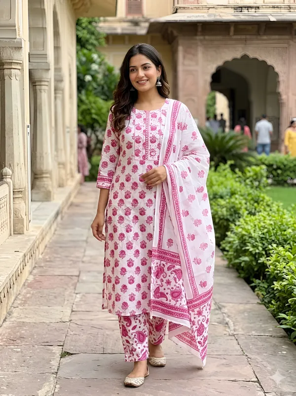 White_And_Pink_Floral_Print_Straight_Kurta_Set_For_Women