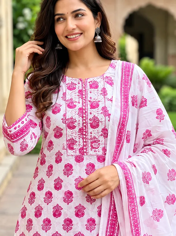 White_And_Pink_Floral_Print_Straight_Kurta_Set_For_Women