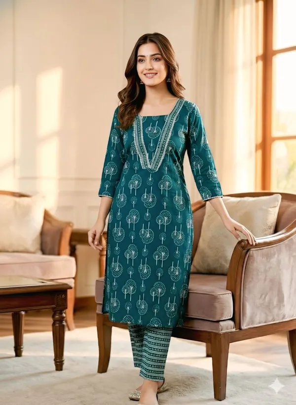 Teal_Printed_Straight_Kurta_Pant_Set_for_Women