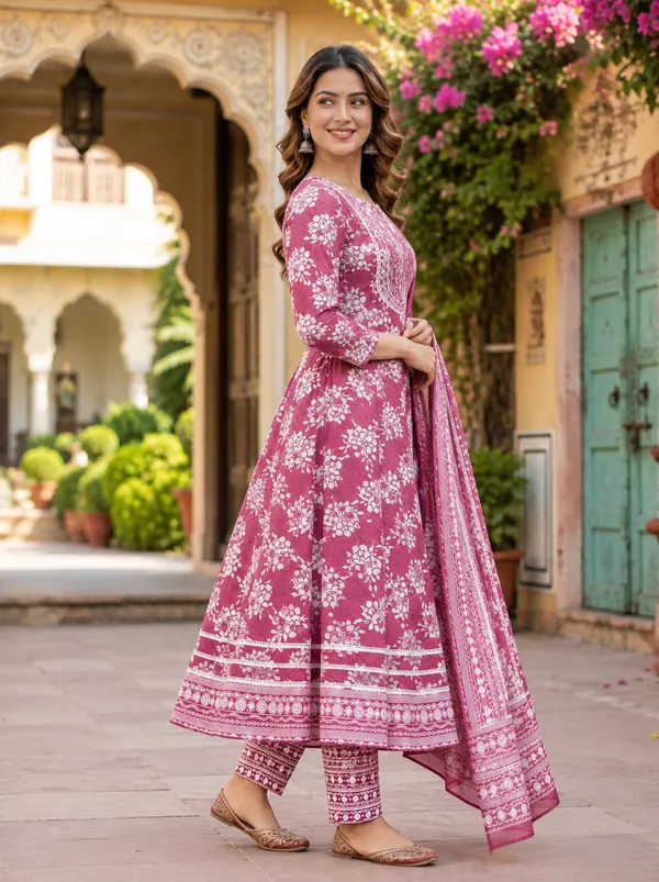 Pink_Floral_Print_Anarkali_Suit_Set_For_Women