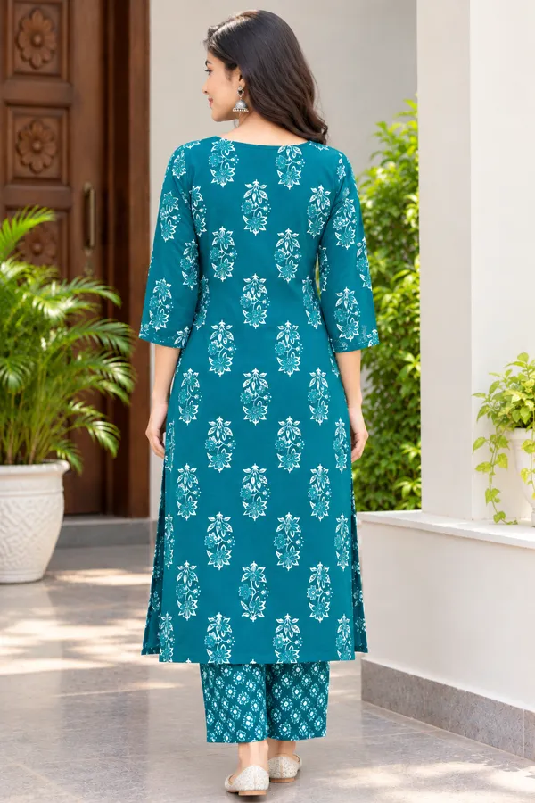 Teal_Floral_Printed_Straight_Kurta_Set_for_Women