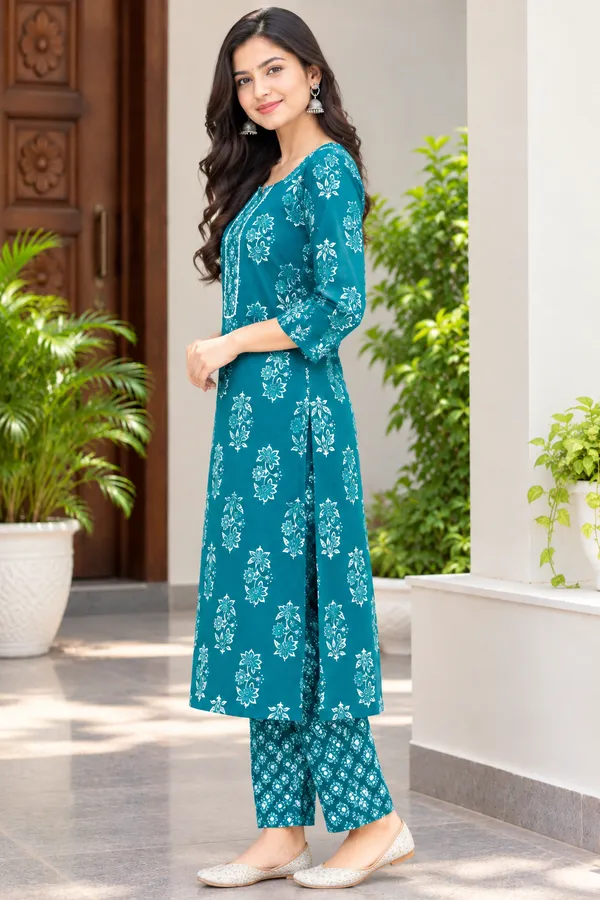 Teal_Floral_Printed_Straight_Kurta_Set_for_Women