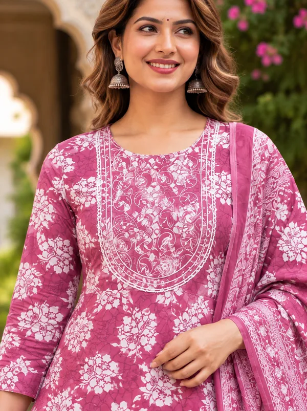 Pink_Floral_Print_Anarkali_Suit_Set_For_Women