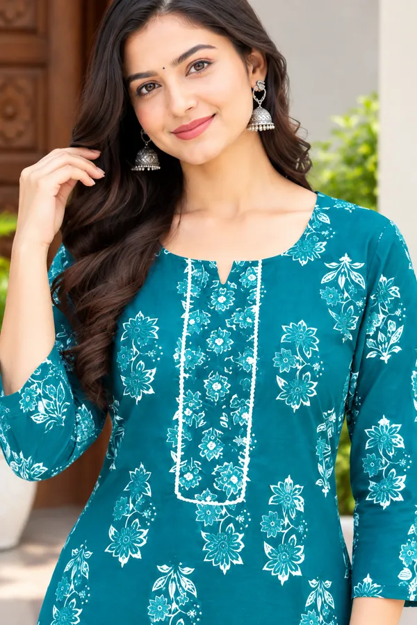 Teal_Floral_Printed_Straight_Kurta_Set_for_Women