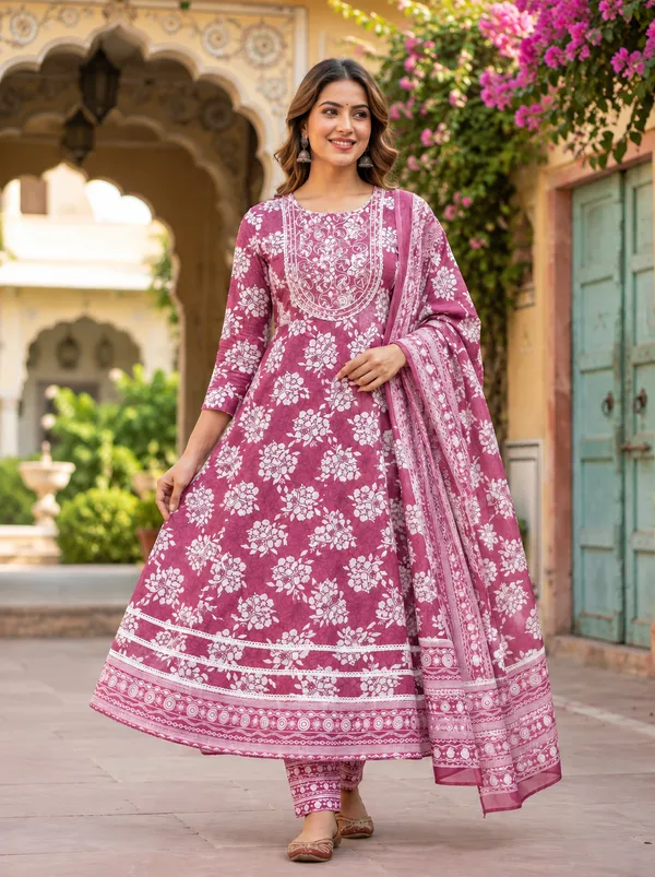 Pink_Floral_Print_Anarkali_Suit_Set_For_Women