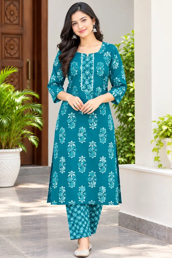 Teal_Floral_Printed_Straight_Kurta_Set_for_Women