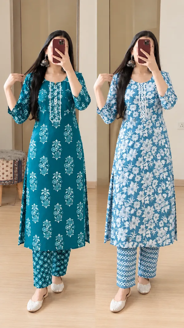 Blue_Floral_Printed_Kurta_Pant_Set_for_Women