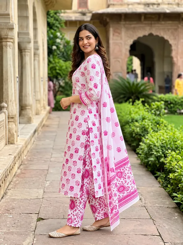 White_And_Pink_Floral_Print_Straight_Kurta_Set_For_Women