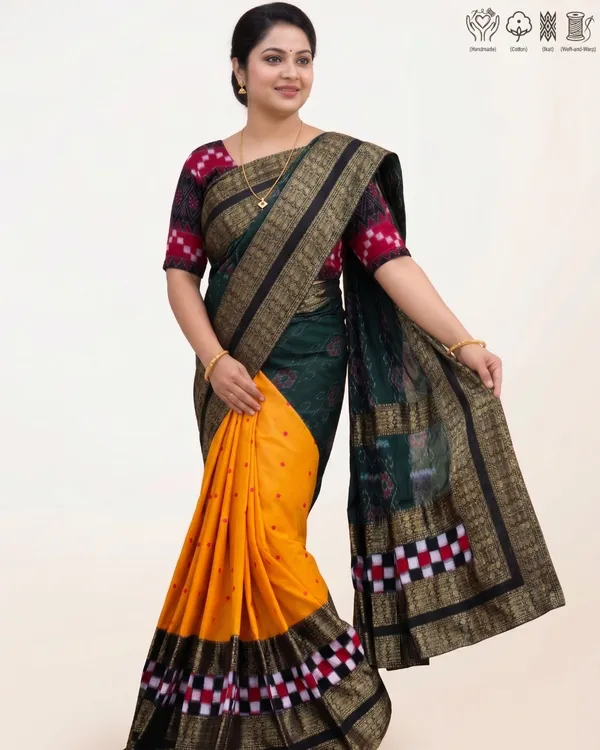 Yellow_Green_Cotton_Handloom_Saree_For_Women