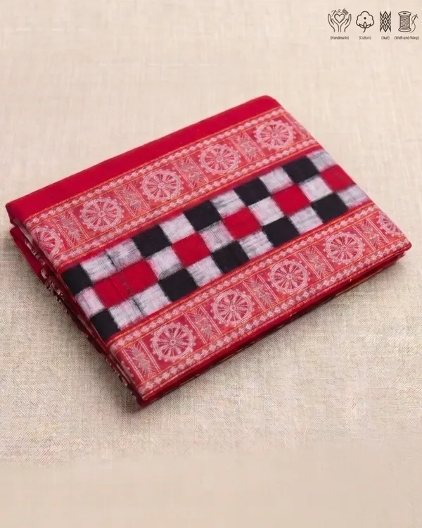 Teal_And_Red_Cotton_Ikat_Saree_For_Women