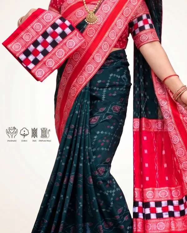 Teal_And_Red_Cotton_Ikat_Saree_For_Women