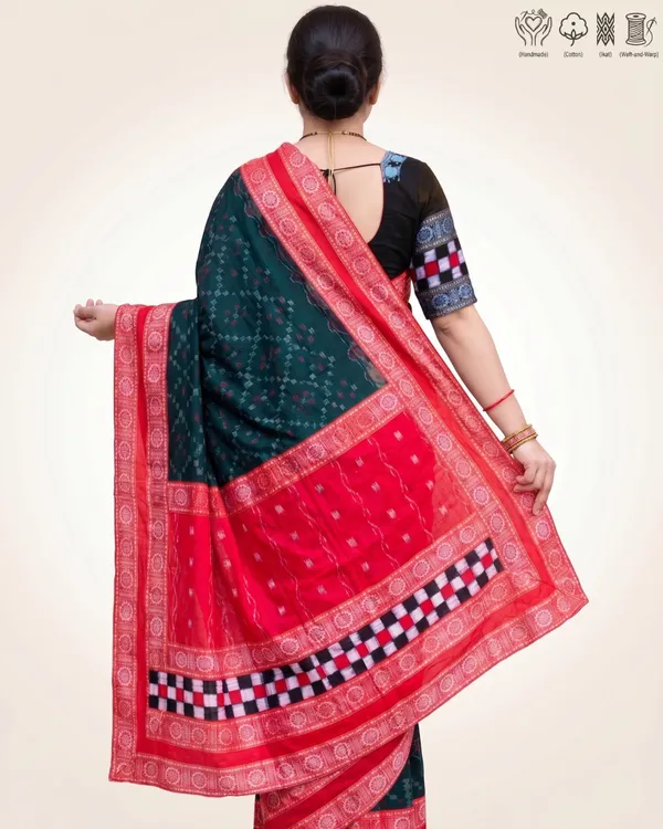 Teal_And_Red_Cotton_Ikat_Saree_For_Women