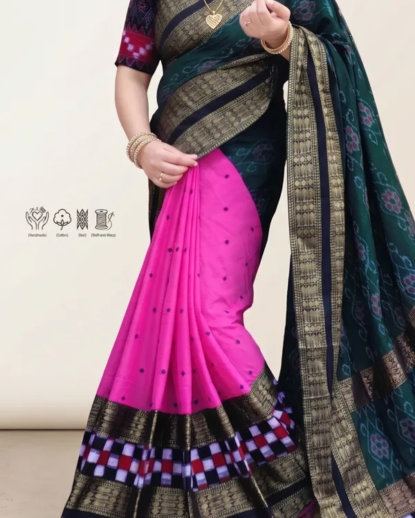 Pink_And_Teal_Cotton_Handloom_Saree_For_Women