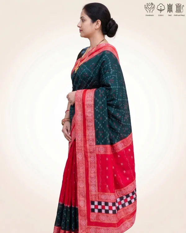Teal_And_Red_Cotton_Ikat_Saree_For_Women