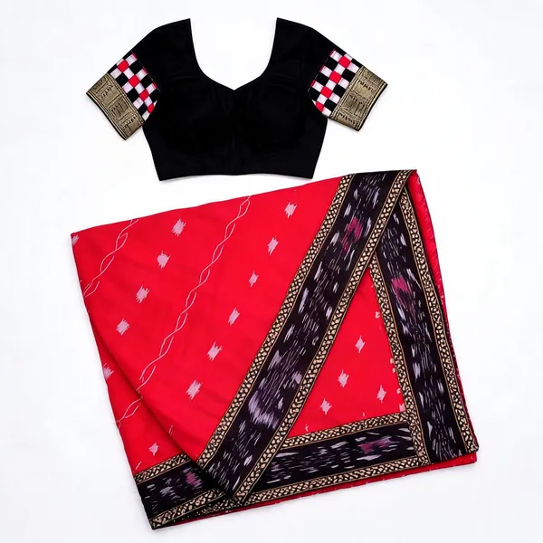 Green_And_Red_Cotton_Zari_Border_And_Ikat_Saree_For_Women_Pack_Of_2