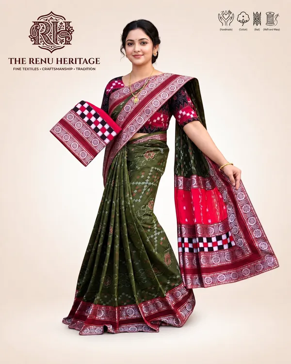 Olive_Green_And_Maroon_Border_Cotton_Handloom_Saree_For_Women