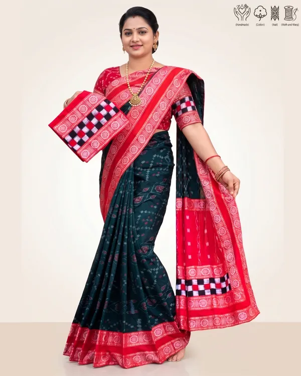 Teal_And_Red_Cotton_Ikat_Saree_For_Women
