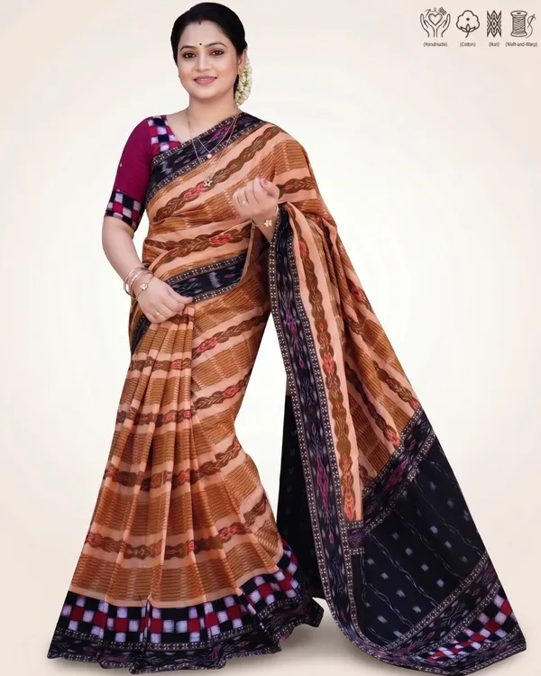 Brown_Cotton_Patterned_Saree_For_Women