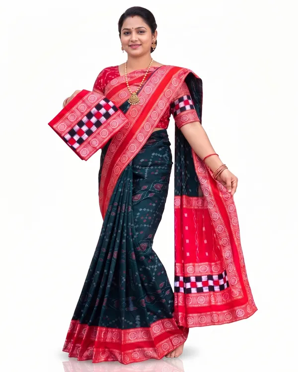 Teal_And_Red_Cotton_Ikat_Saree_For_Women