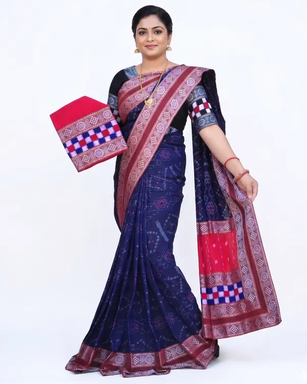 Navy_Blue_And_Red_Cotton_Handloom_Saree_For_Women