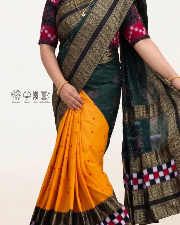 Yellow_Green_Cotton_Handloom_Saree_For_Women