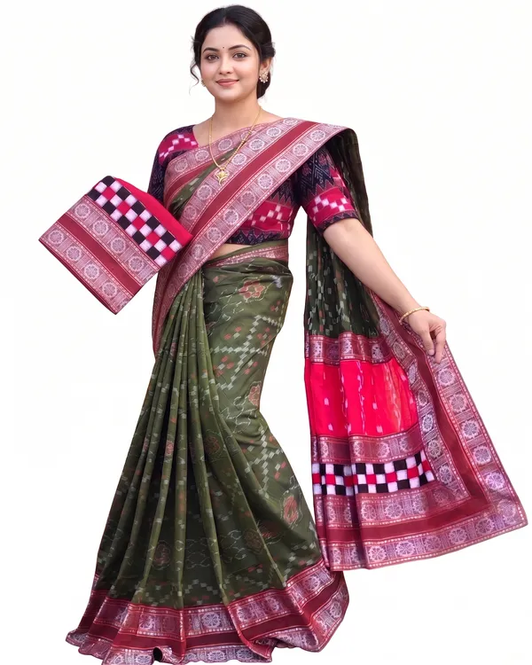 Olive_Green_And_Maroon_Border_Cotton_Handloom_Saree_For_Women