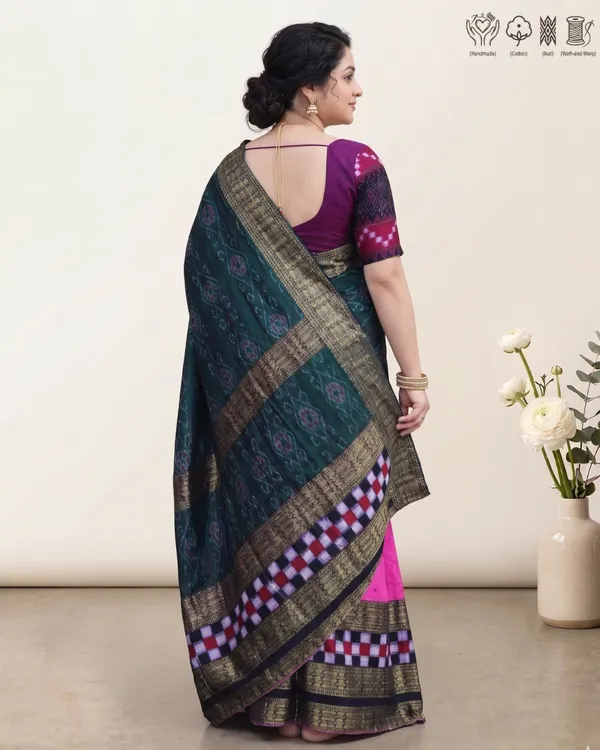 Pink_And_Teal_Cotton_Handloom_Saree_For_Women