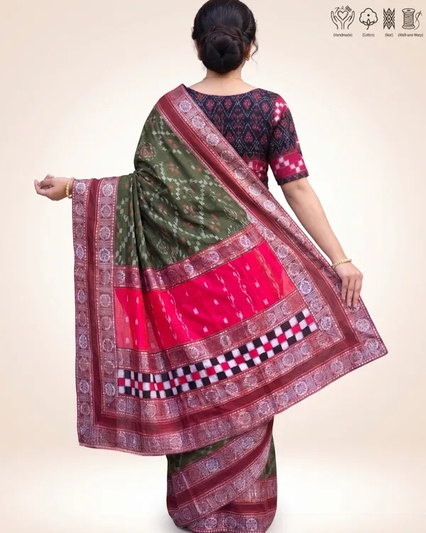 Olive_Green_And_Maroon_Border_Cotton_Handloom_Saree_For_Women