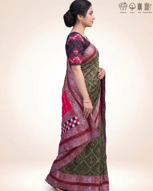 Olive_Green_And_Maroon_Border_Cotton_Handloom_Saree_For_Women