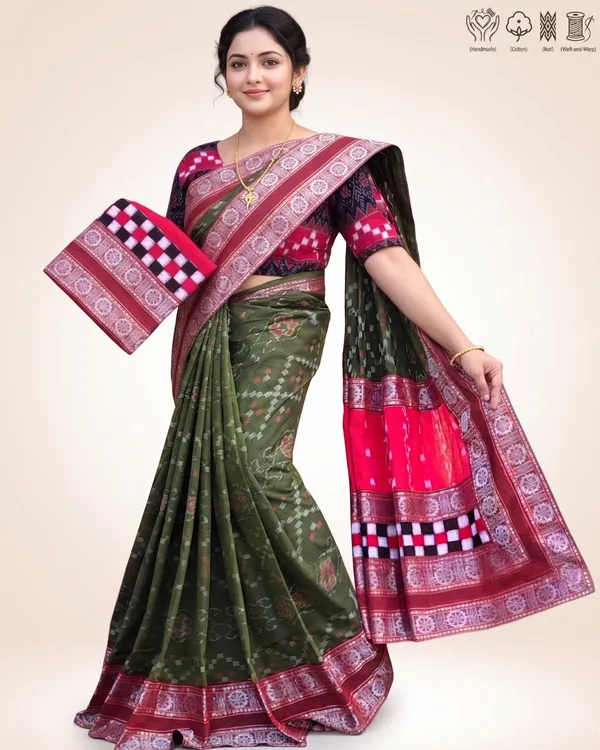 Olive_Green_And_Maroon_Border_Cotton_Handloom_Saree_For_Women