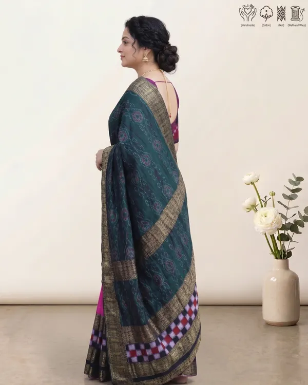 Pink_And_Teal_Cotton_Handloom_Saree_For_Women