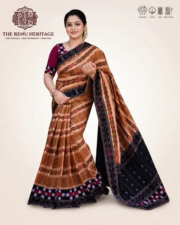 Brown_Cotton_Patterned_Saree_For_Women