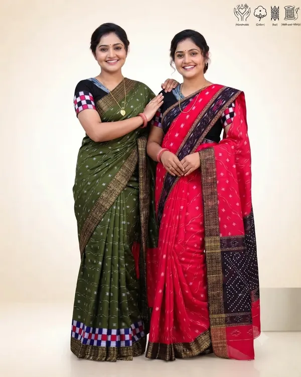 Green_And_Red_Cotton_Zari_Border_And_Ikat_Saree_For_Women_Pack_Of_2