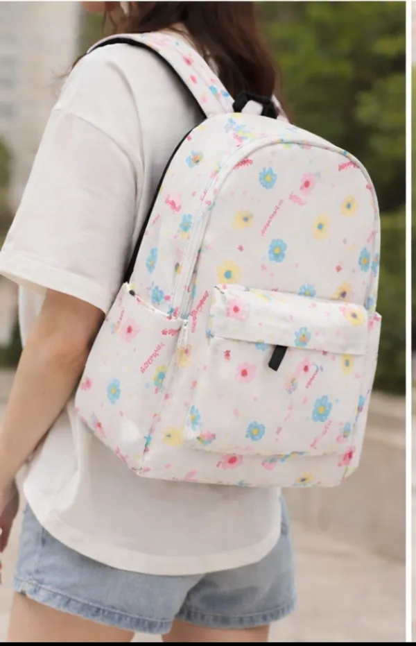 White_Polyester_Floral_Letter_Print_Casual_Backpack_For_Women