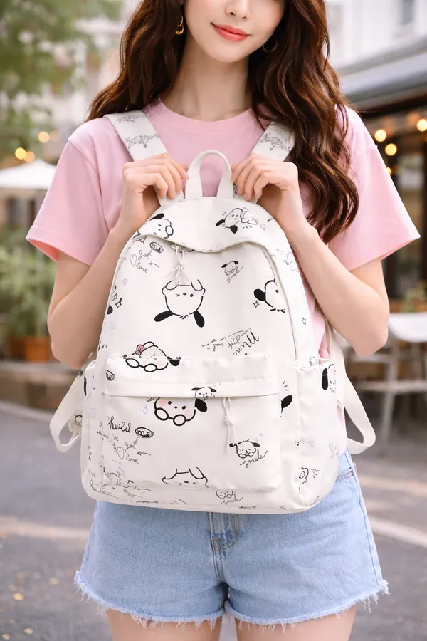 White_Polyester_Cartoon_Print_Casual_Backpack_For_Women