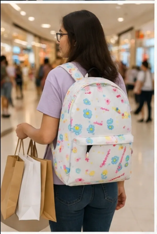 White_Polyester_Floral_Letter_Print_Casual_Backpack_For_Women