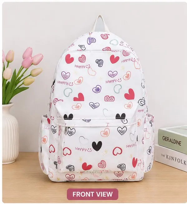 White_Polyester_Heart_Print_Casual_Backpack_For_Women