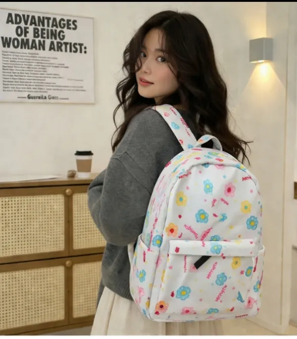 White_Polyester_Floral_Letter_Print_Casual_Backpack_For_Women