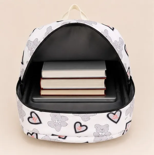 White_Polyester_Teddy_Bear_Heart_Print_Casual_Backpack_For_Women